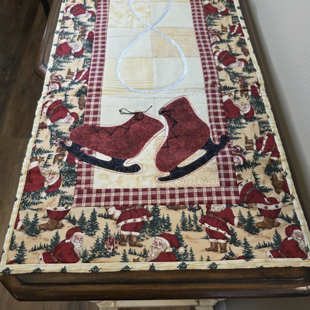 Vintage Handmade Quilted Christmas Table Runner Santa Ice Skates 15x46